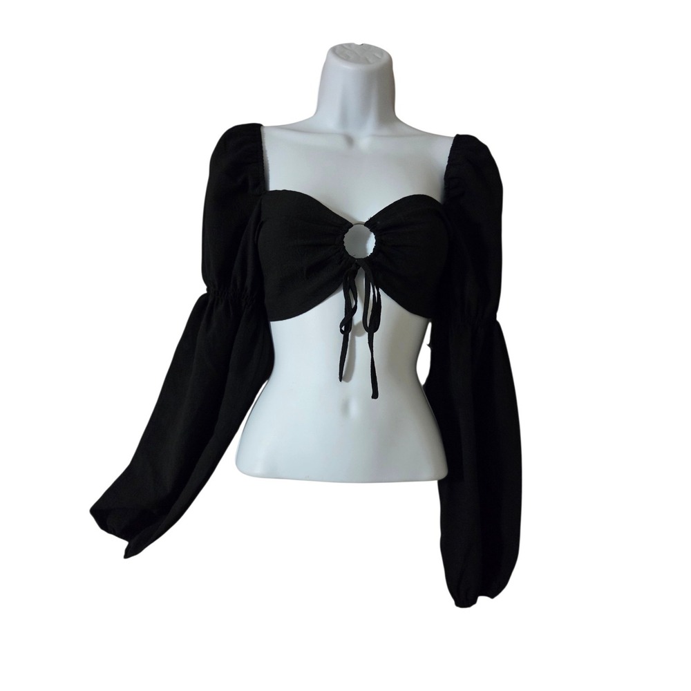 Black Long-Balloon-Sleeve Peasant Crop Top W Ring Accent Smocked Back L NWT